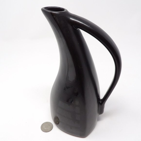 Vintage Black Tone on Tone Glazed Ceramic Pitcher Matte with Glossy Stripes Uniq - Picture 2 of 10